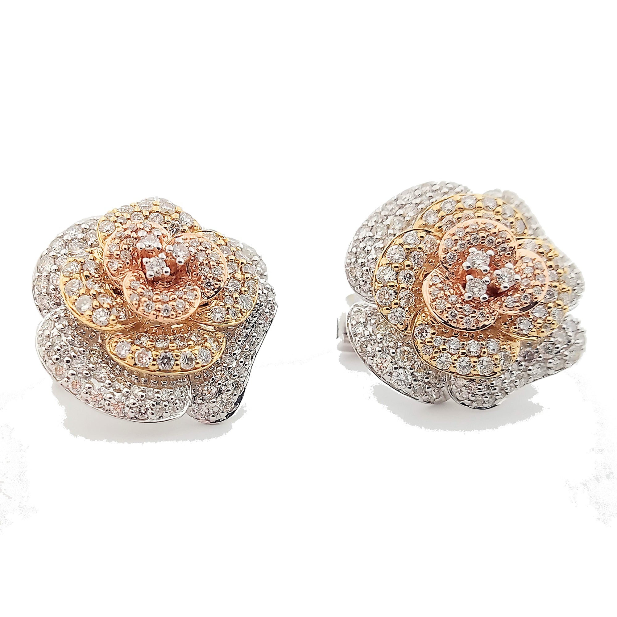 14K Tri-Color Gold Diamond Flower Earrings