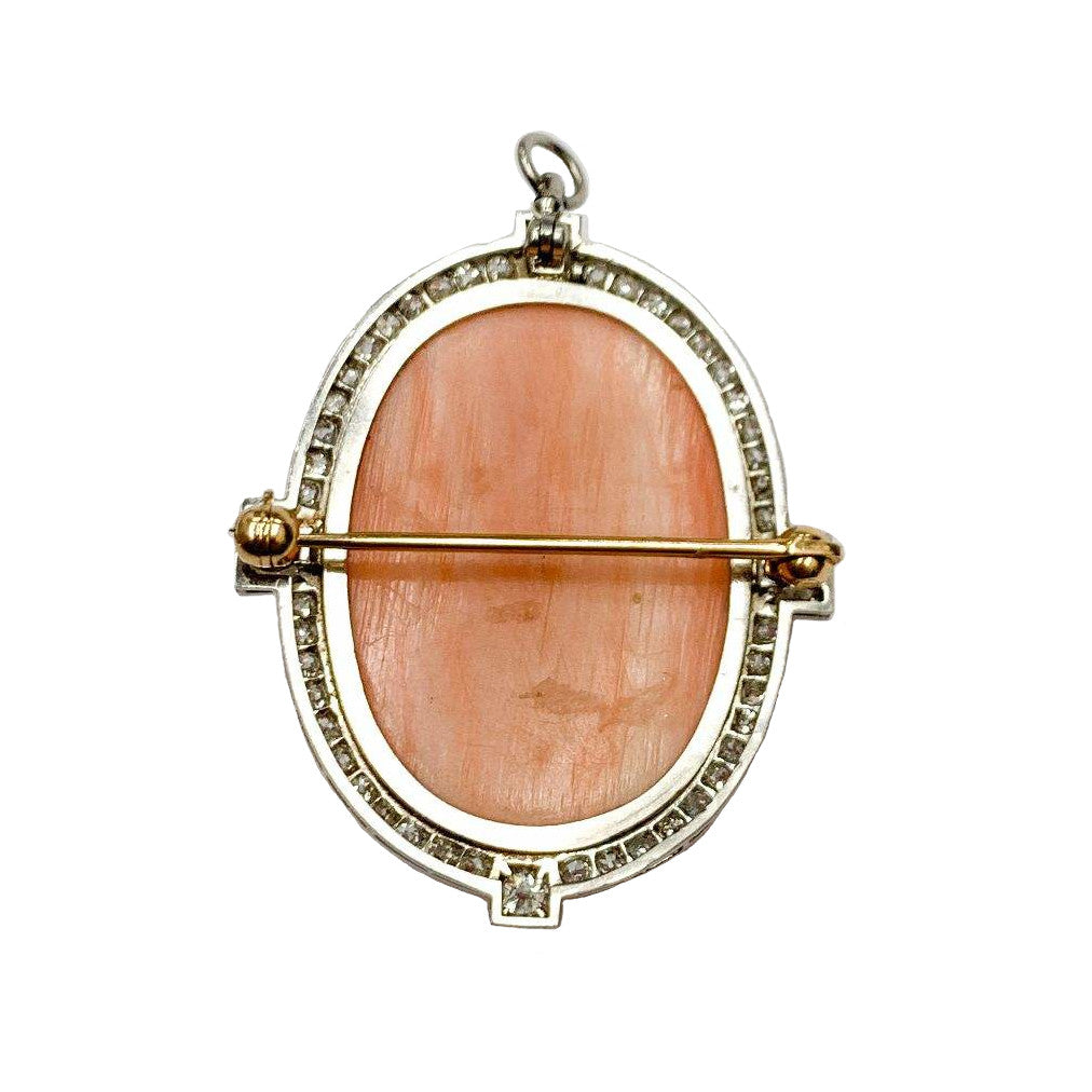 PLATINUM AND 18KY VINTAGE OLD MINE CUT DIAMOND PINK CORAL PIN/PENDANT