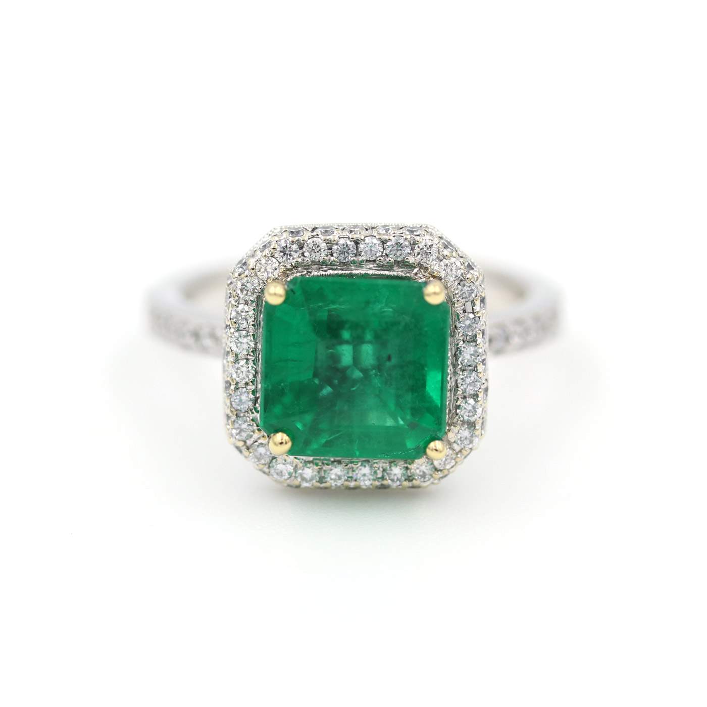 Octagonal Step Cut Emerald in Pave Diamond Double Cut-Corner Square Halo Ring