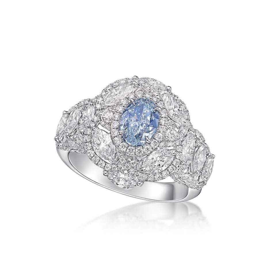 18K White Gold light Blue Oval Diamond  Flower Cluster Ring