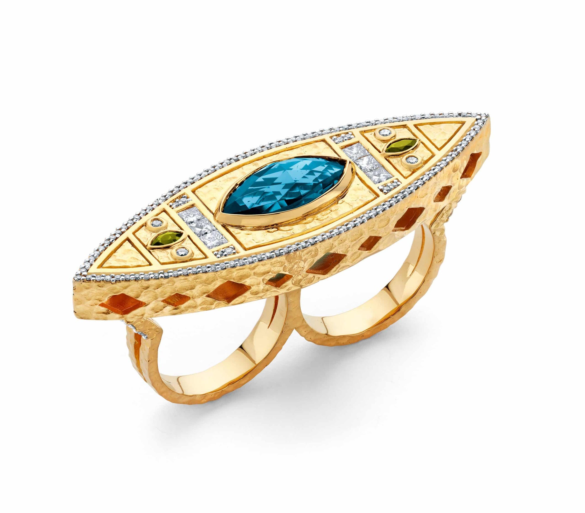 BLUE TOPAZ DOUBLE FINGER LANTERN RING