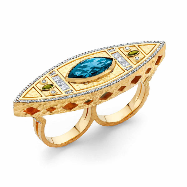 BLUE TOPAZ DOUBLE FINGER LANTERN RING