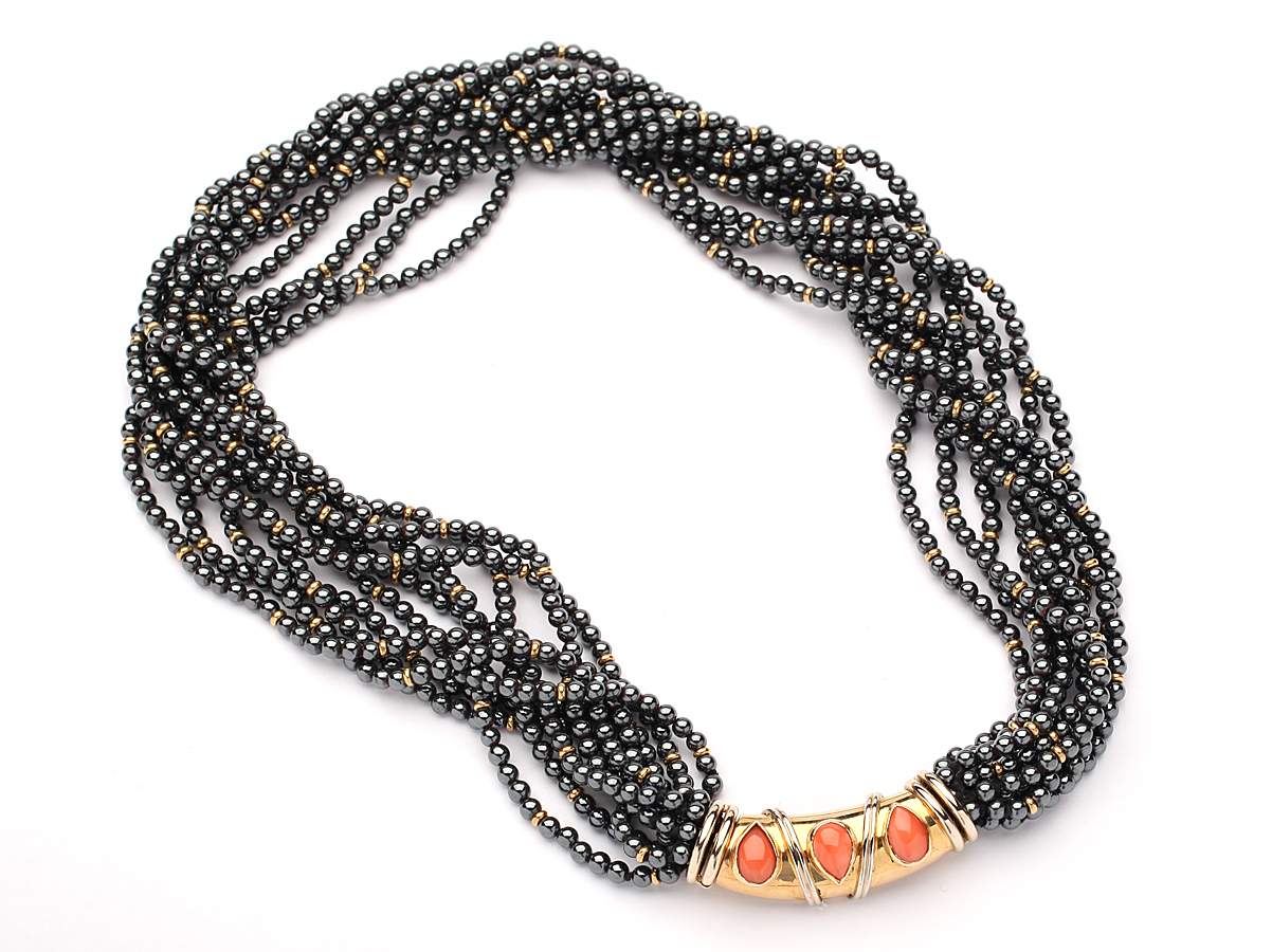 Hematite And Coral French Bead Necklace