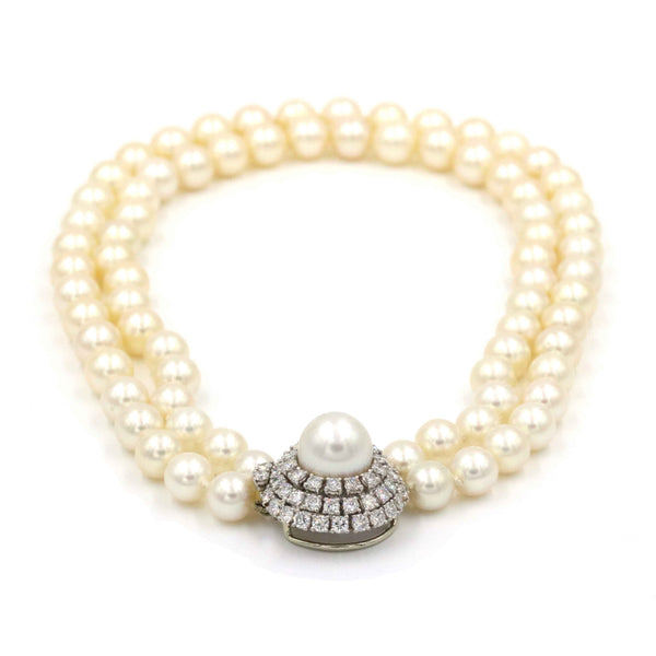 12.4MM PEARL DOUBLE STRAND NECKLACE WITH PLATINUM AND DIAMOND CLASP