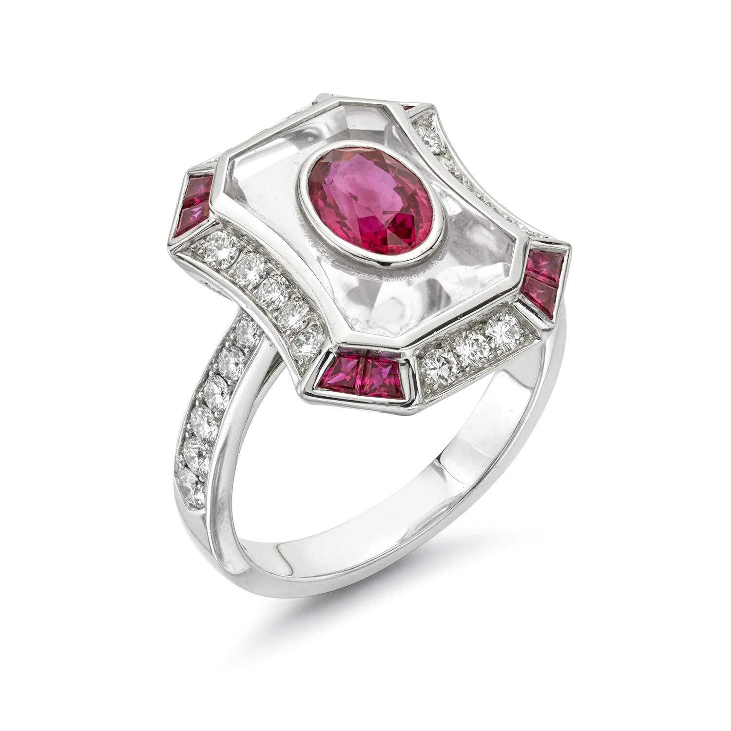 18KT WHITE GOLD RUBY AND DIAMOND RING