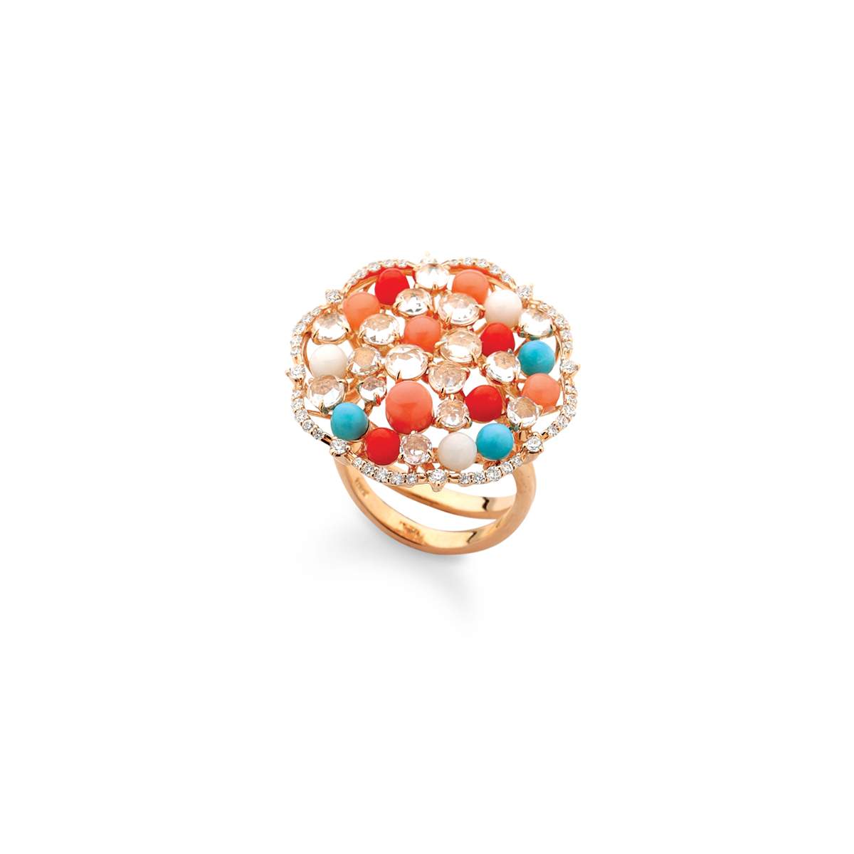 18KT ROSE GOLD WHITE SAPPHIRE, DIAMOND, CORAL RING