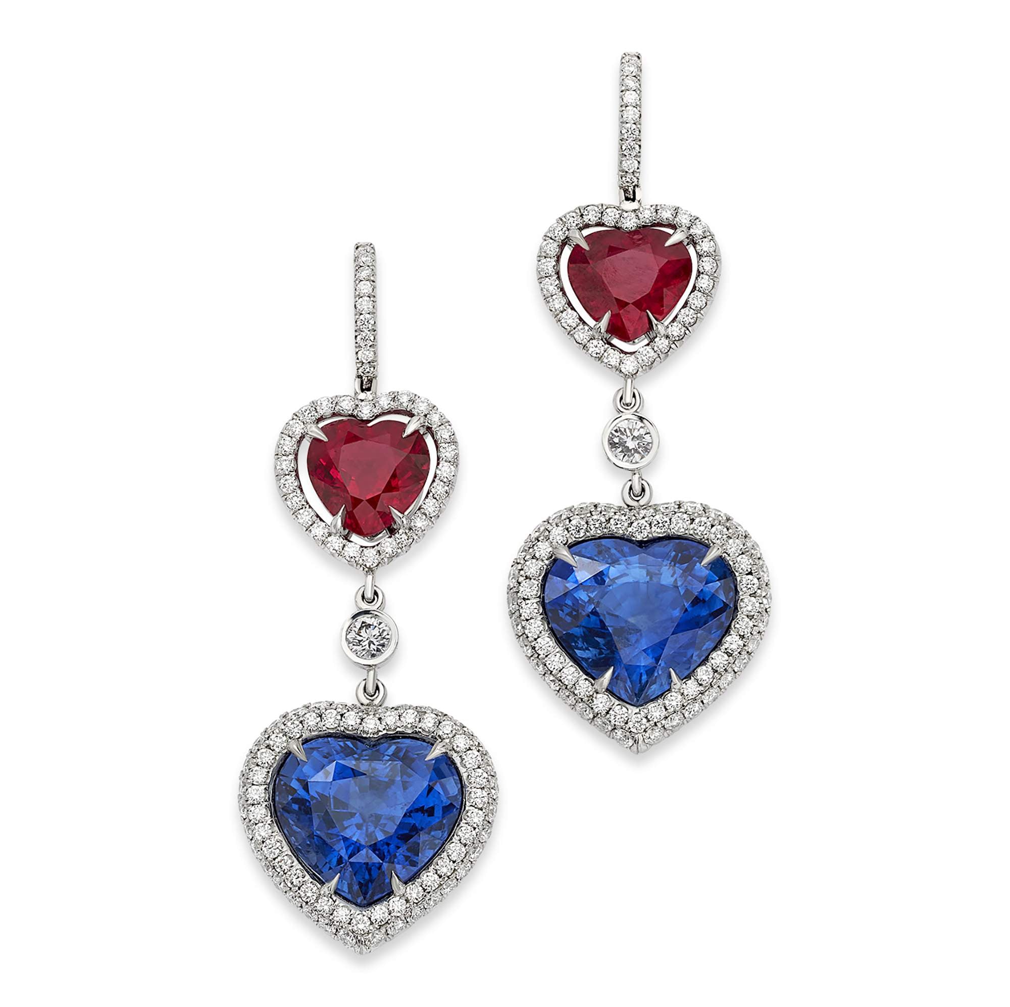 PLATINUM SAPPHIRE AND RUBY HEART DROP EARRINGS