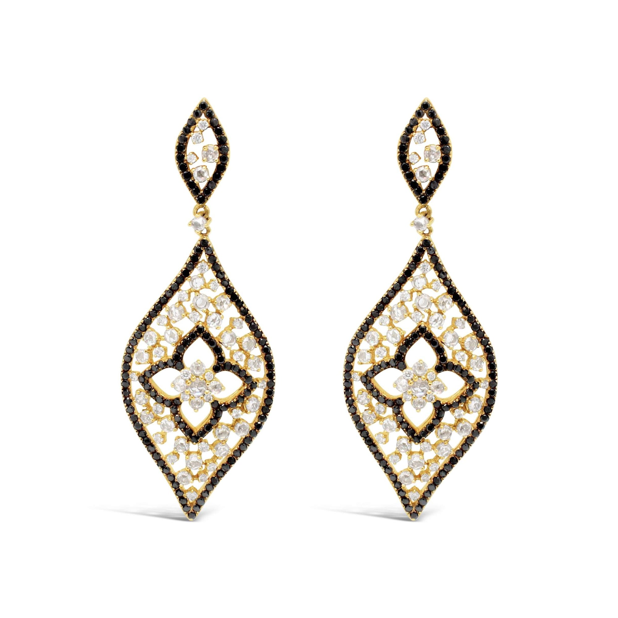 14KT YELLOW GOLD BLACK AND WHITE DIAMOND EARRINGS.