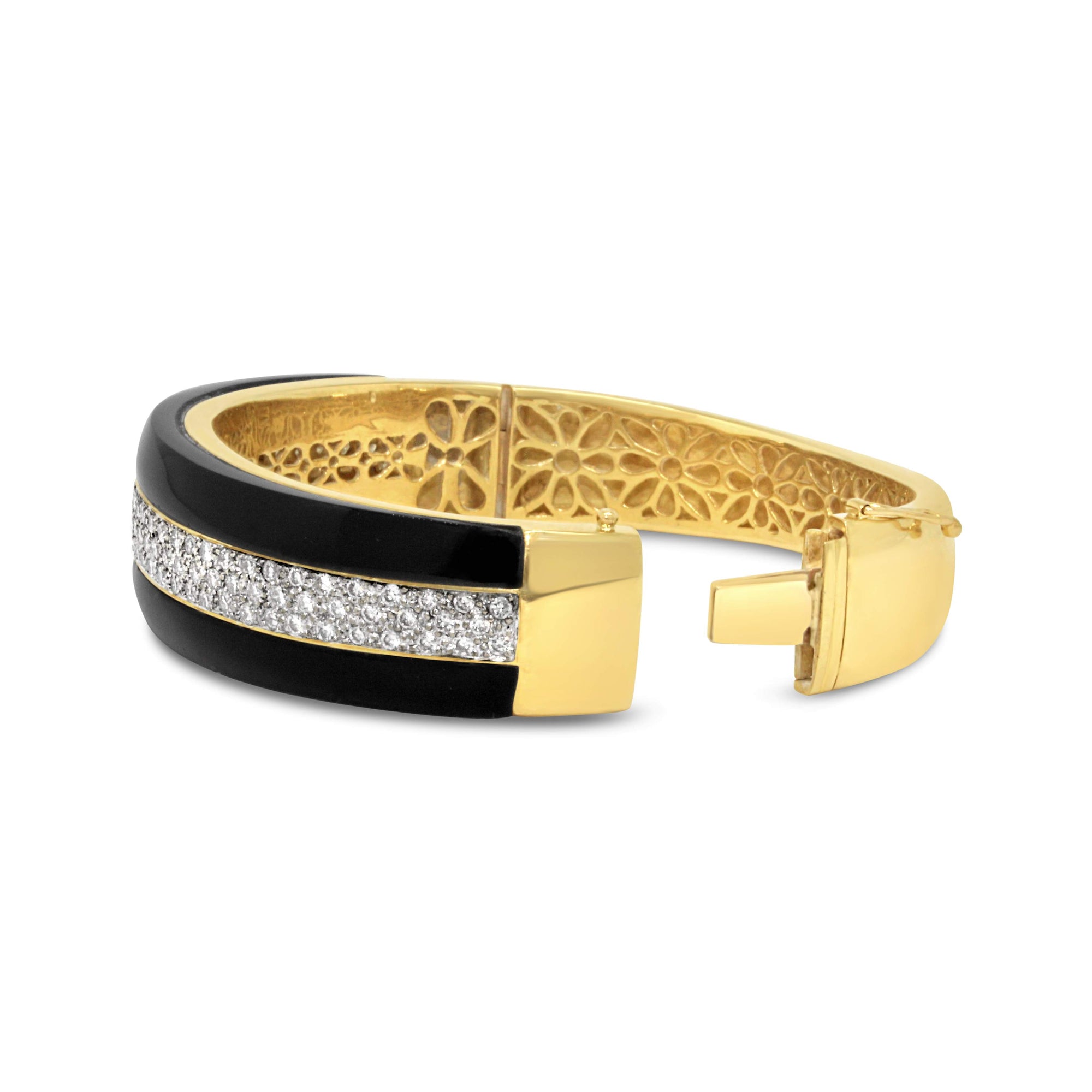 18KT GOLD VINTAGE ONYX & DIAMOND BANGLE.