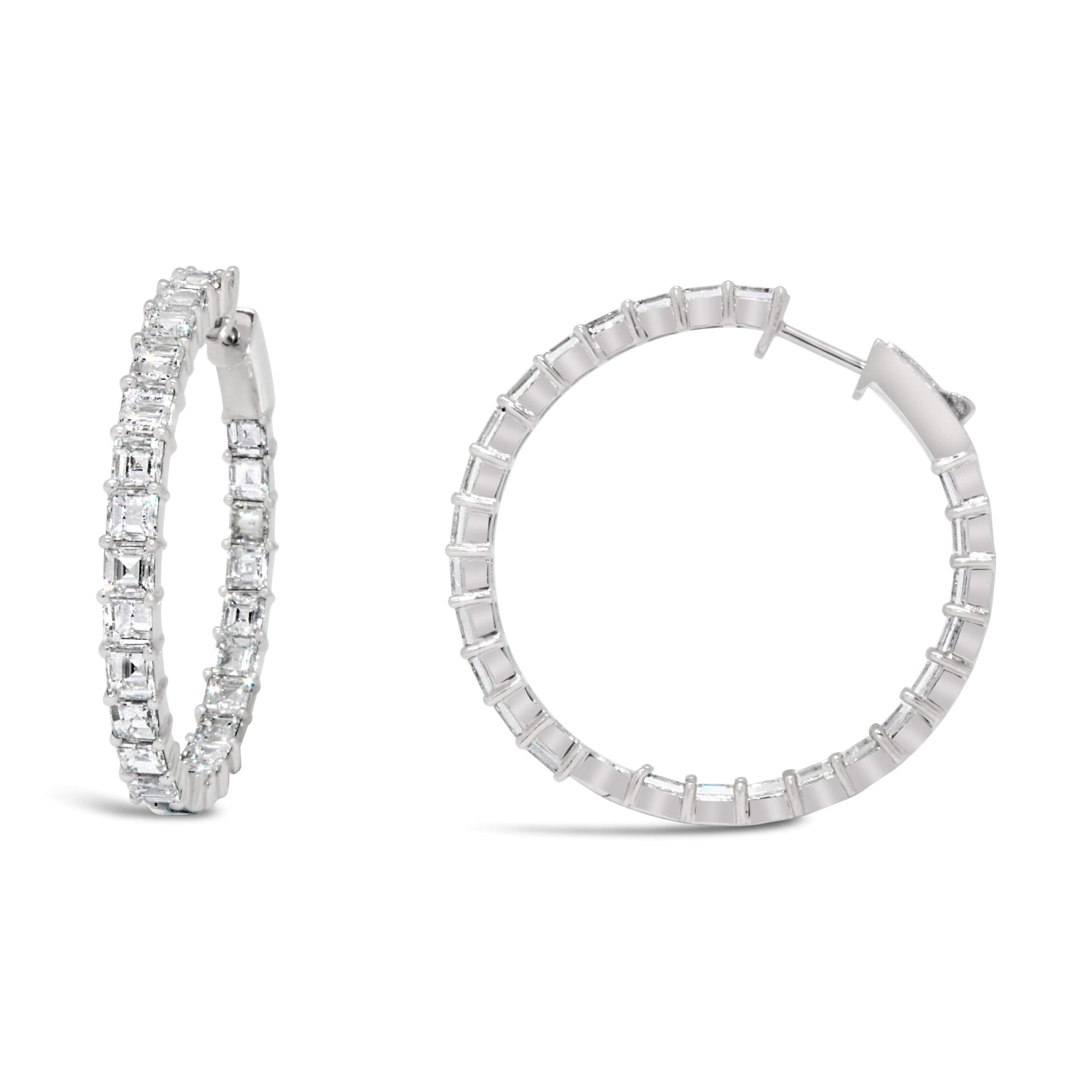 18KT WHITE GOLD ASSCHER CUT DIAMOND HOOP EARRINGS.