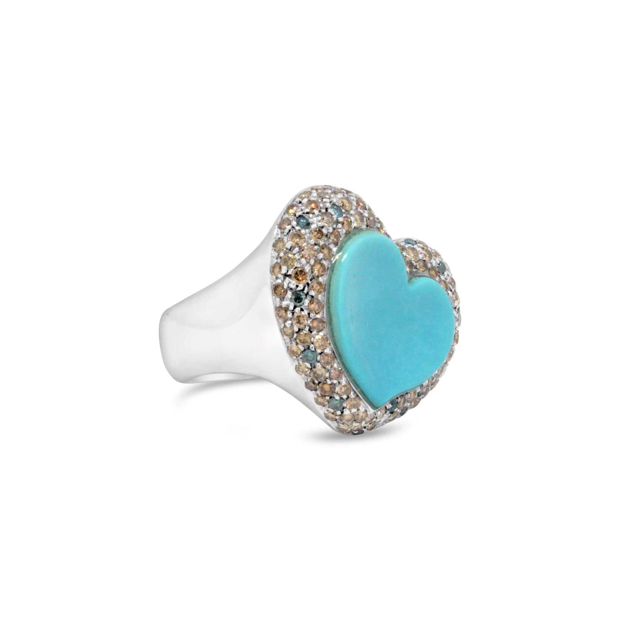 18kt WHITE GOLD TURQUOISE & DIAMOND HEART RING.