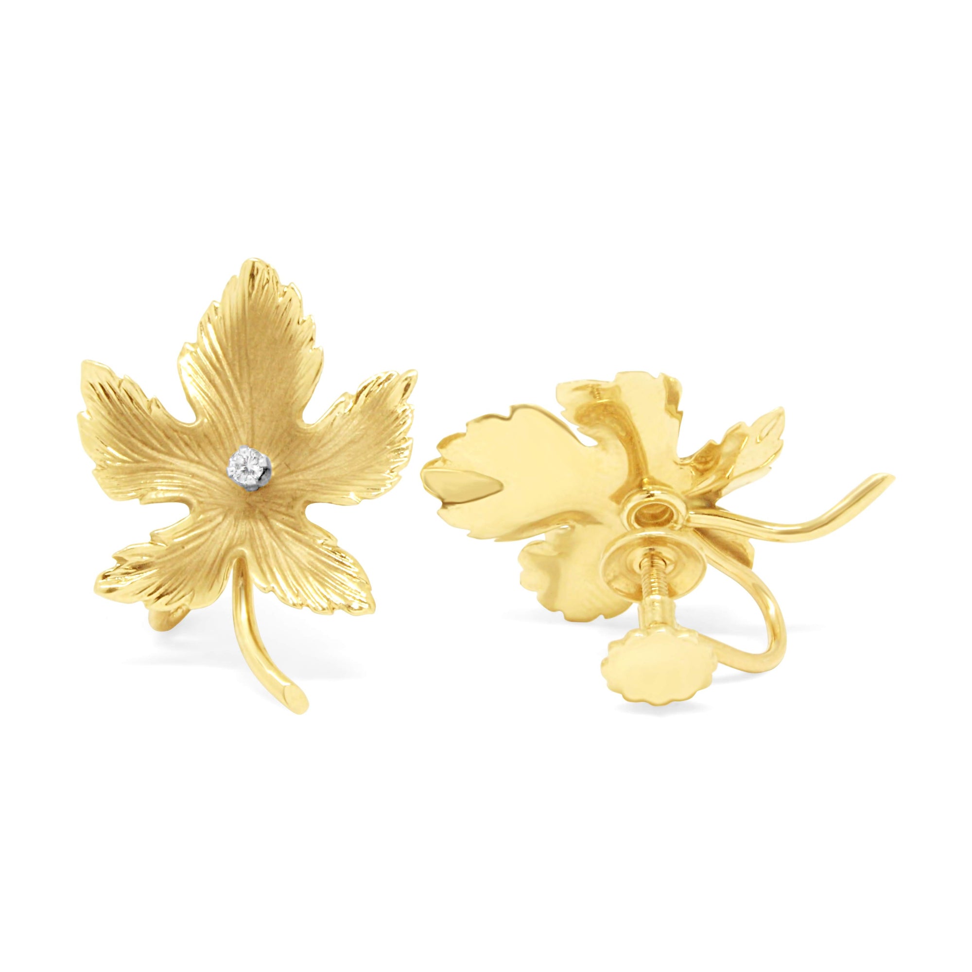 14KT YELLOW GOLD & DIAMOND VINTAGE LEAF EARRINGS.