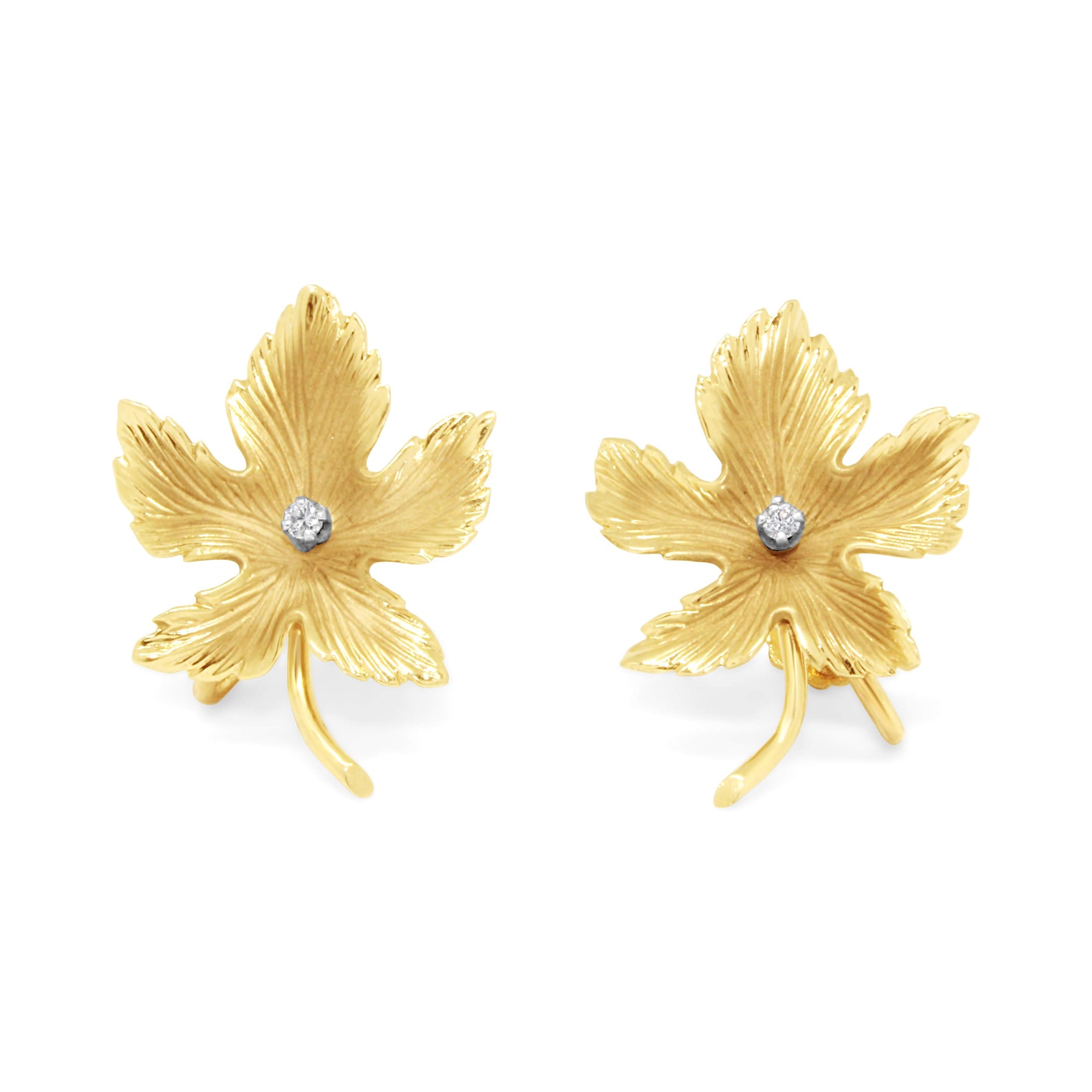 14KT YELLOW GOLD & DIAMOND VINTAGE LEAF EARRINGS.