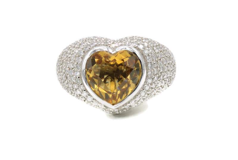 HEART CITRINE AND DIAMOND PAVE RING