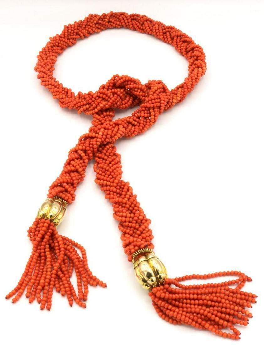 UNIQUE CORAL BEAD TASSEL NECKLACE