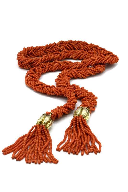 UNIQUE CORAL BEAD TASSEL NECKLACE