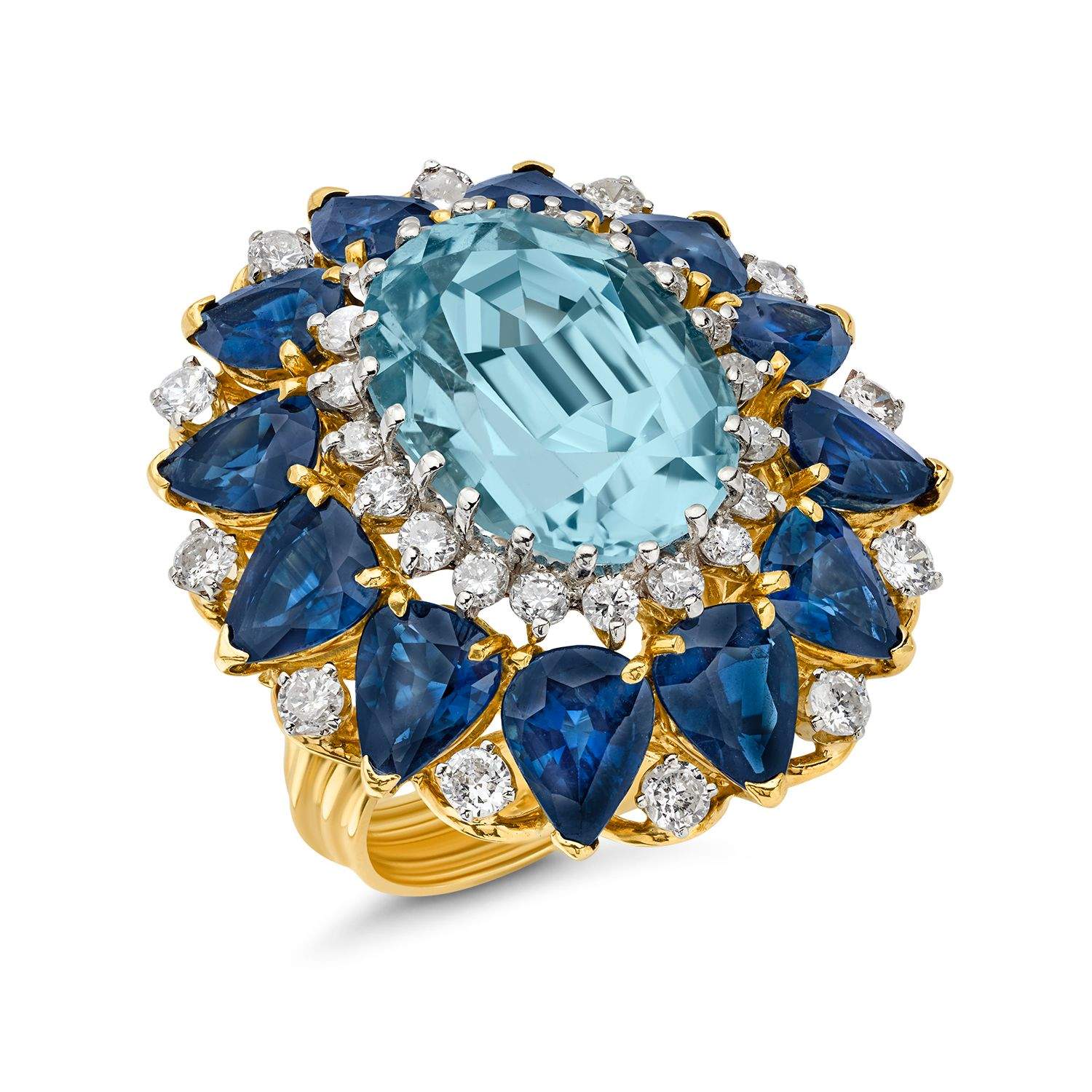 BLUE TOPAZ, SAPPHIRE AND DIAMOND COCKTAIL RING