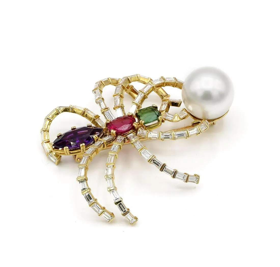 UNIQUE DIAMOND AND COLORED STONE SPIDER BROOCH