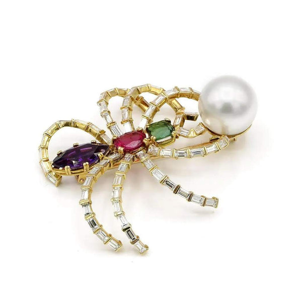 UNIQUE DIAMOND AND COLORED STONE SPIDER BROOCH