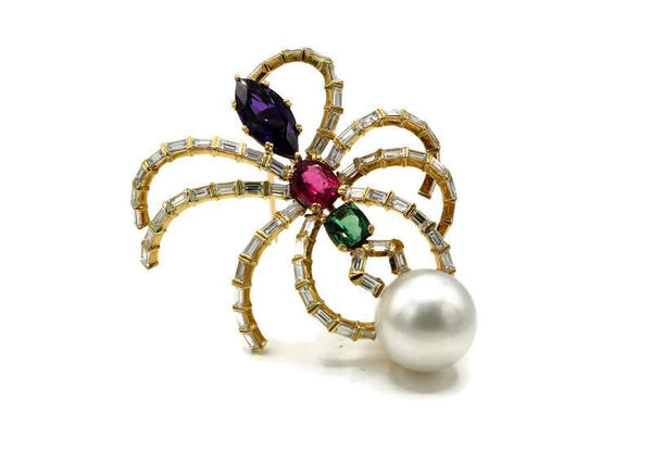 UNIQUE DIAMOND AND COLORED STONE SPIDER BROOCH