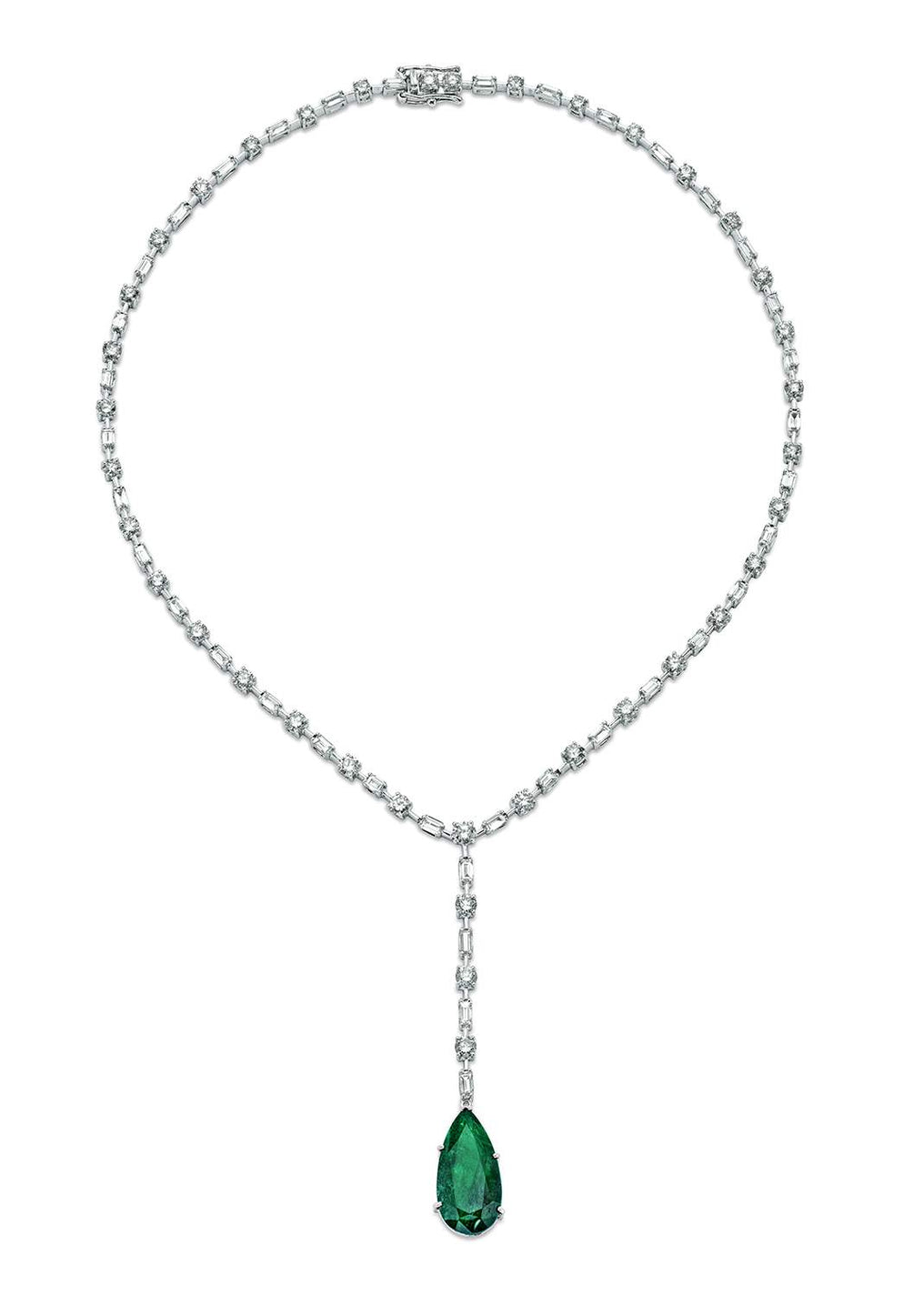 DIAMOND LINE AND EMERALD LARIAT NECKLACE