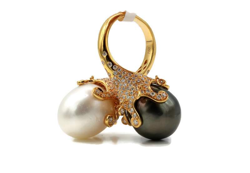 PEARL AND DIAMOND BYPASS RING