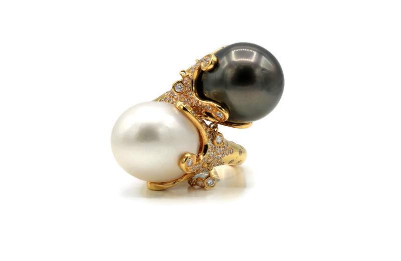 PEARL AND DIAMOND BYPASS RING